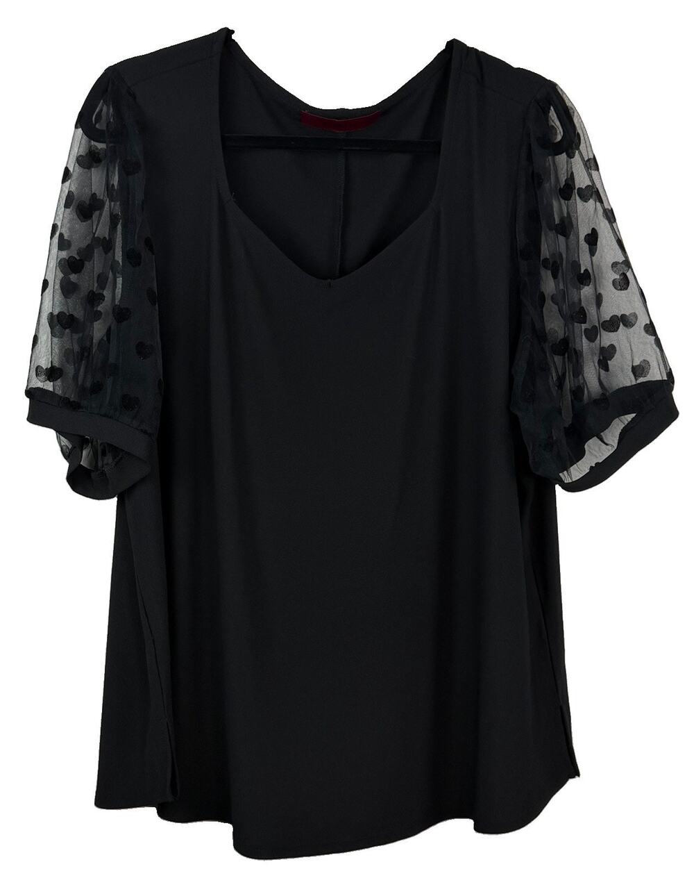 Love Scarlett Women's Black Top Sheer Sleeves Hearts Round Neck Stretch Plus 2X
